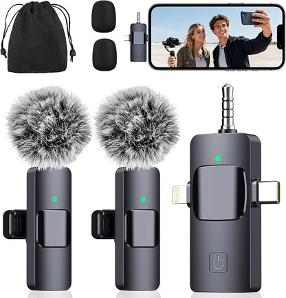 3-in-1 Microphone for iPhone, Android, Camera, Wireless Microphones, Mini Microphone, Lapel Mic with Noise Reduction, Crystal Clear Sound & 7H Battery for Recording, YouTube, Podcast