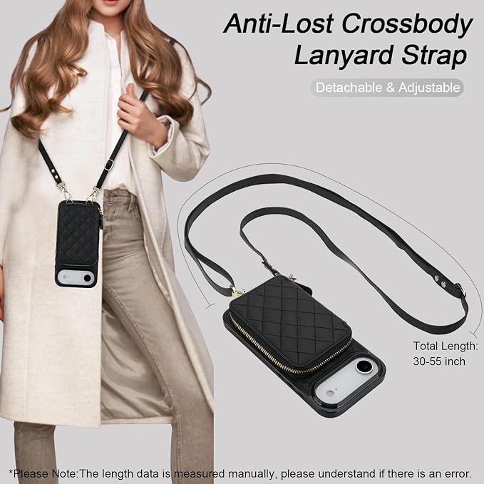 Bocasal Crossbody Wallet Case for iPhone 17 Air, RFID Blocking PU Leather Zipper Handbag Purse Flip Cover, Kickstand Folio Case with Card Slots Holder Wrist Strap Lanyard 5G 6.5 Inch (Black)