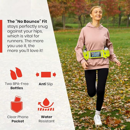 No.1 Hydration Belt by Runtasty - Premium Running Fuel Belt w/2 BPA-Free 10 oz Water Bottles, Tilt-Up Pocket w/Touchscreen-Ready Cover - Fits All iPhones, Runners Ebook & No-Bounce Design