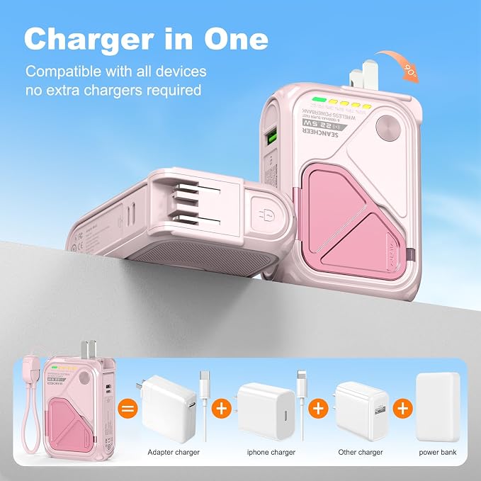 SEANCHEER P05 Portable Charger, Magnetic Power Bank, Small PowerBank, Battery Pack10000mAh Travel Essentials Fast Charging with Built in Cable, Foldable Wall Plug for iPhone,Samsung,Andriod (Pink)