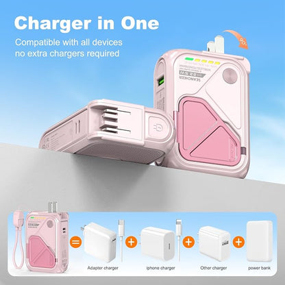 SEANCHEER P05 Portable Charger, Magnetic Power Bank, Small PowerBank, Battery Pack10000mAh Travel Essentials Fast Charging with Built in Cable, Foldable Wall Plug for iPhone,Samsung,Andriod (Pink)