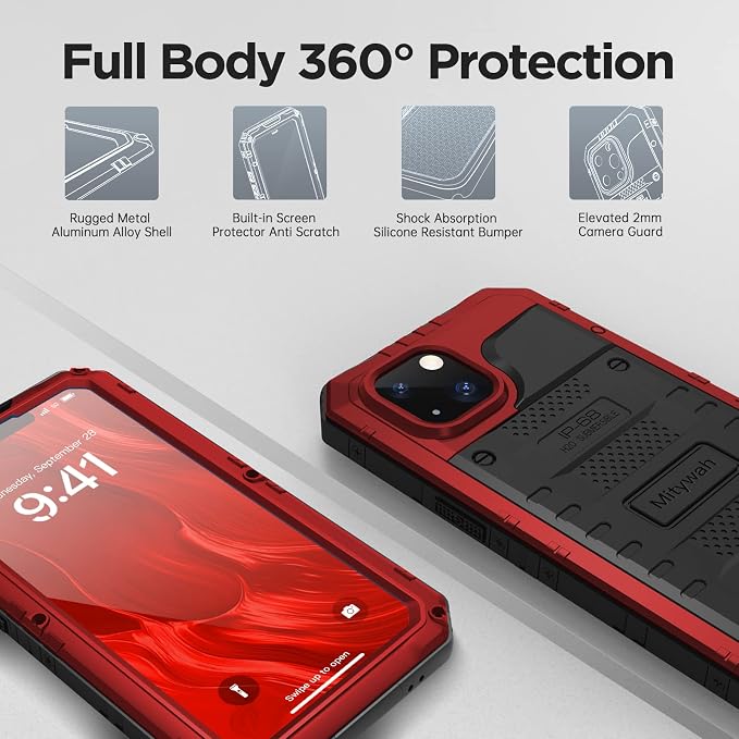 Mitywah Waterproof Case for iPhone 14, Heavy Duty Shockproof Case with Built-in Screen Protector, Full Body Underwater Protective Metal Case 6.1 inch, Red