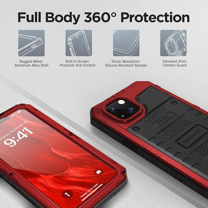 Mitywah Waterproof Case for iPhone 14, Heavy Duty Shockproof Case with Built-in Screen Protector, Full Body Underwater Protective Metal Case 6.1 inch, Red