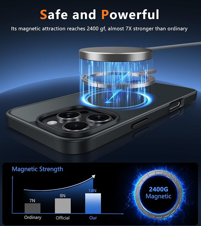 FNTCASE for iPhone 16 Pro Case: [Compatible with Magsafe] Translucent Matte Magnetic Phone Cover - Military Grade Drop Protection Shockproof Protective Cases - Black