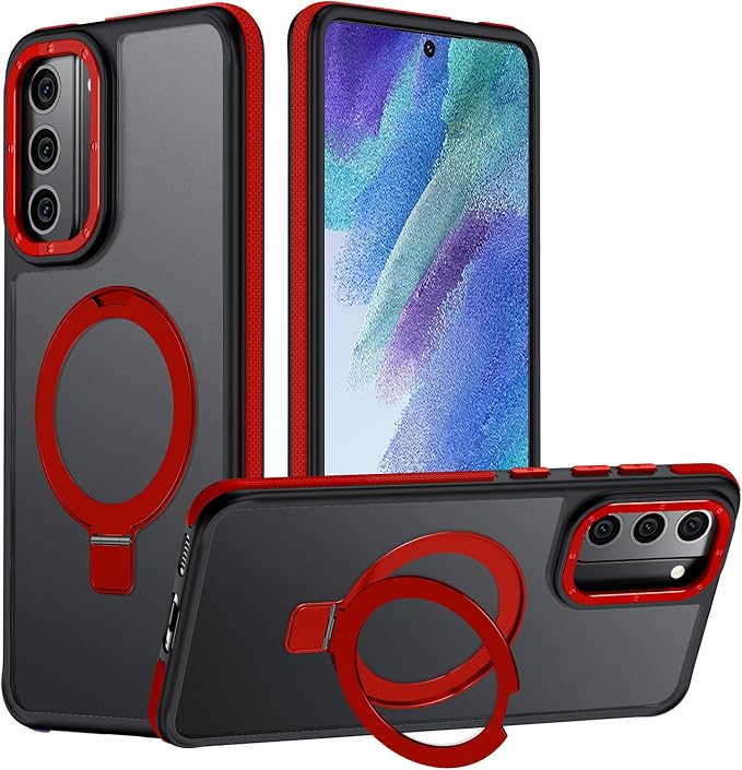 for Samsung Galaxy S21 FE Case, Magnetic Adjustable Ring Stand [Fit for Magsafe], [Military-Grade Shockproof Protection] Phone Case with Kickstand&Ring Holder (Red)