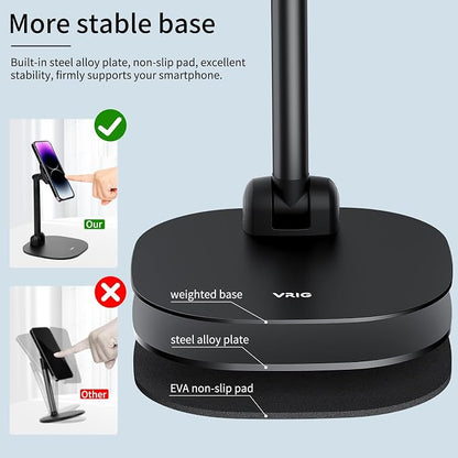 VRIG Magnetic Desk Phone Stand for Office/Home, 360°Rotation Wireless Charger Phone Holder with Magnetic Ring Height&Tilt, Adjustable Cell Phone Stand for iPhone 16 15 14 13 12 and More/Android
