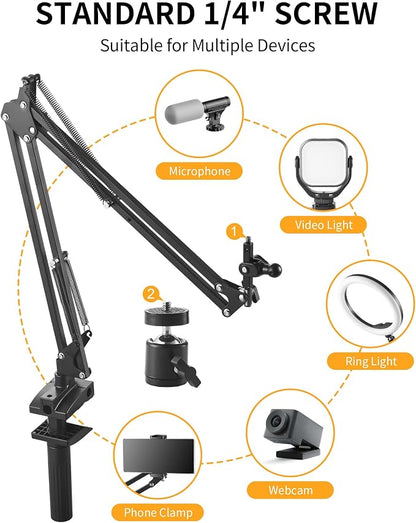 Phone Holder for Bed Desk, Flexible Camera Arm Desk Mount Clamp with Phone Holder and Ball Head, Overhead Tripod Mount for Camera Webcam Ring Light