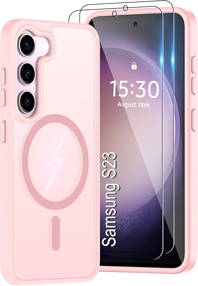 Pilaru for Samsung Galaxy S23 Case [Compatible with Magsafe] Translucent Matte Magnetic S23 Phone Case,SlimThin Duty Shockproof Protection Cover with 2pc HD Screen Protector for S23-Pink
