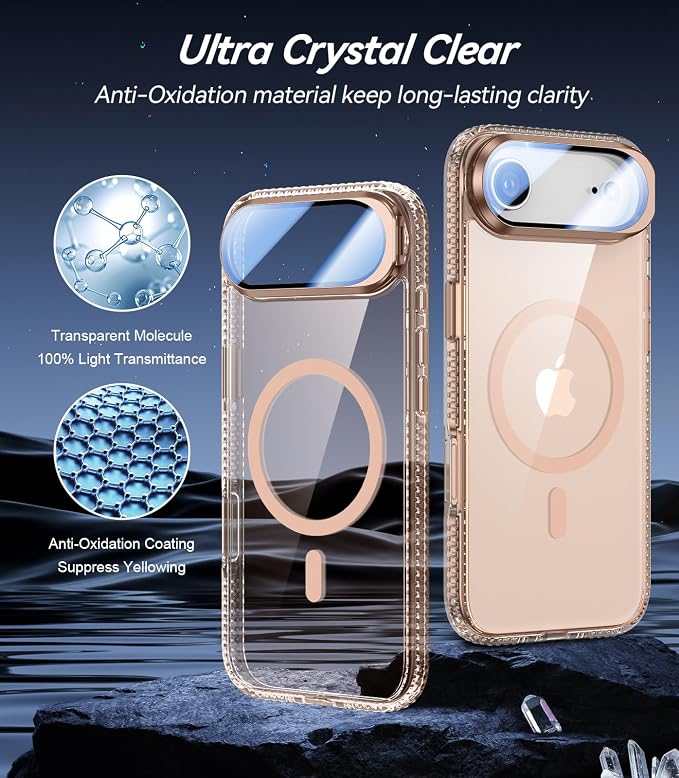 [Upgraded Full Camera Protection] for iPhone Air Case with Camera Cover Stand [Fit for MagSafe][10FT Mil-Grade Protection] Transparent Magnetic Phone Cover for iPhone 17 Air Case, Clear Gold