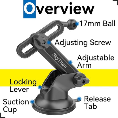 SkyTian for Garmin GPS Car Mount Replacement Sticky Suction Cup 17mm Ball Mount Long Arm Windshield Holder fit Garmin Nuvi Drive Dezl RV GPS, Black