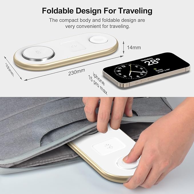 Magnetic Charging Station, 3 in 1 Faster Mag-Safe Wireless Charger Stand, Wireless Charging Pad for Apple Devices, iPhone 17/16/15/14/13/12 Series, iWatch Series, AirPods (Golden)