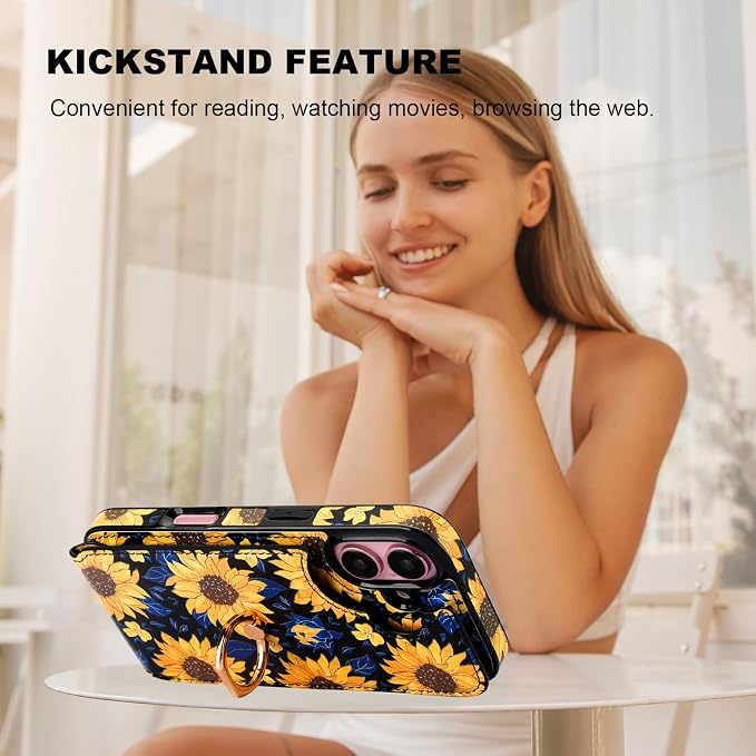 HAOPINSH for iPhone 16 Wallet Case with Card Holder, 360°Rotation Ring Kickstand, Blooming Sunflowers Pattern, RFID Blocking Leather for Girls Women, Protective Cover 6.1"