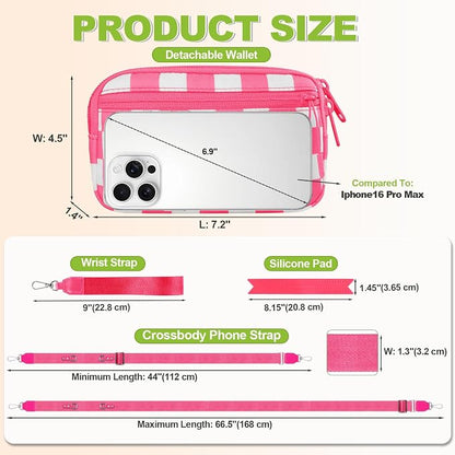 YFWE Clip and Go Strap for Phone with Wallet Crossbody, Adjustable Phone Lanyard with Detachable RFID Wristlet Wallet, Phone Strap with Phone Tabs for All Phones, Pink Checkered (L)