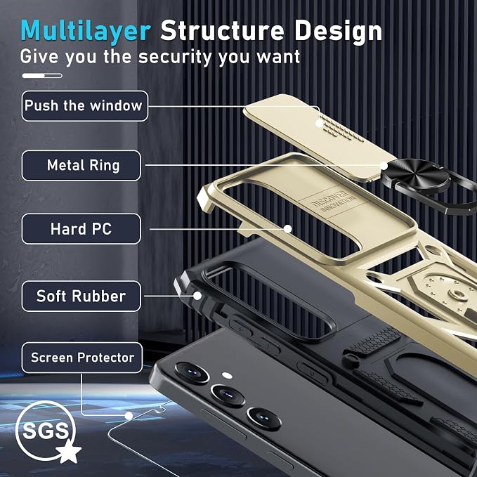 Janmitta Compatible with Samsung Galaxy S25 Plus/S24 Plus Case Built in Slide Camera Lens Cover+Screen Protector+Finger Ring Holder Kickstand,Heavy Duty Shockproof Full Body Phone Cover,Gold
