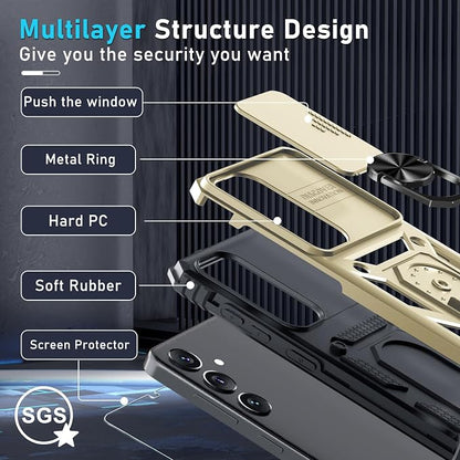 Janmitta Compatible with Samsung Galaxy S25 Plus/S24 Plus Case Built in Slide Camera Lens Cover+Screen Protector+Finger Ring Holder Kickstand,Heavy Duty Shockproof Full Body Phone Cover,Gold