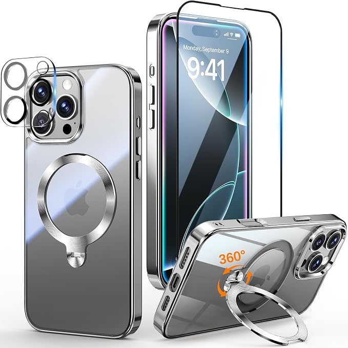 [Tri-Shield Protection] for iPhone 16 Pro Case with 360° Spin Stand Compatible with MagSafe [Magnetic CD Ring][Screen & Camera Lens Protector] Shockproof Plating Never-Yellowing, Natural Titanium-6.3"