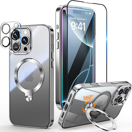 [Tri-Shield Protection] for iPhone 16 Pro Case with 360° Spin Stand Compatible with MagSafe [Magnetic CD Ring][Screen & Camera Lens Protector] Shockproof Plating Never-Yellowing, Natural Titanium-6.3"