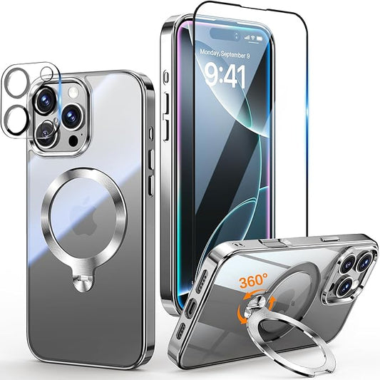 [Tri-Shield Protection] for iPhone 16 Pro Max Case with 360° Spin Stand Compatible with MagSafe [Magnetic CD Ring][Screen & Camera Protector]Shockproof Plating Never-Yellowing, Natural Titanium-6.9"