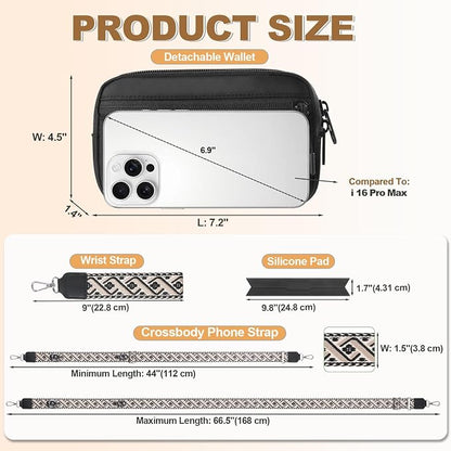 YFWE Clip and Go Strap for Phone with Wallet Crossbody, Adjustable Phone Lanyard with Detachable RFID Wristlet Wallet, Pattern Strap - Black (L)
