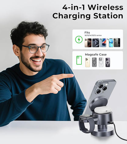 4-in-1 Magnetic Wireless Charging Station for iPhone 17/16/15/14 Pro Max, with Night Lamp and 20W Adapter Wireless Charging Station Fast Charging for Apple Watch, Earphones & Multiple Devices