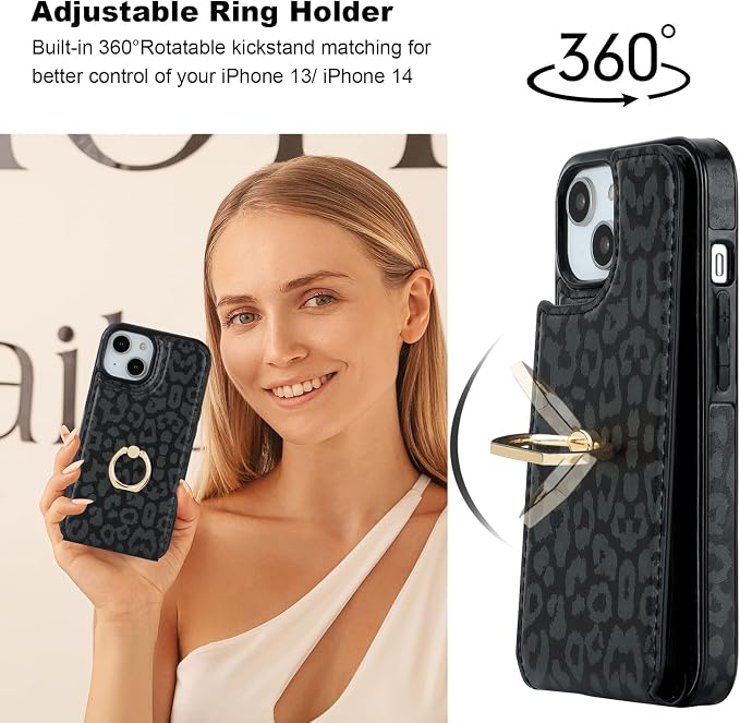 HAOPINSH for iPhone 13/ iPhone 14 Wallet Case with Card Holder, 360°Rotation Ring Kickstand, Black Leopard Cheetah Pattern, RFID Blocking Leather for Girls Women, Double Buttons Flip 6.1"