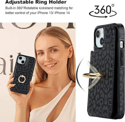 HAOPINSH for iPhone 13/ iPhone 14 Wallet Case with Card Holder, 360°Rotation Ring Kickstand, Black Leopard Cheetah Pattern, RFID Blocking Leather for Girls Women, Double Buttons Flip 6.1"