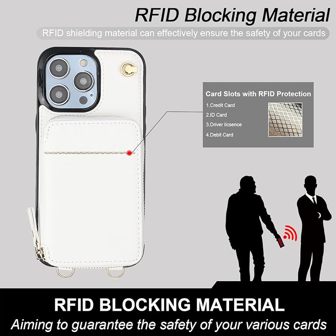 Bocasal Crossbody Wallet Case for iPhone 14 Pro Max, RFID Blocking Leather Purse Case with Card Holder, Protective Handbag Flip Cover with Zipper Wrist Strap Lanyard for Women 5G 6.7 Inch (White)