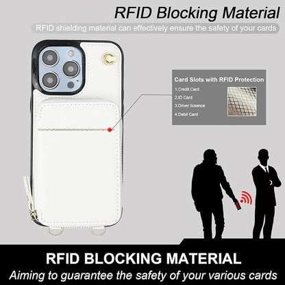 Bocasal Crossbody Wallet Case for iPhone 14 Pro Max, RFID Blocking Leather Purse Case with Card Holder, Protective Handbag Flip Cover with Zipper Wrist Strap Lanyard for Women 5G 6.7 Inch (White)