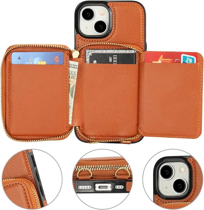 Bocasal RFID Blocking Wallet Case for iPhone 15, Adjustable Crossbody Zipper Purse Case Card Holder with Kickstand Detachable Wrist Strap, PU Leather Flip Folio Case 6.1 Inch 5G (Brown)