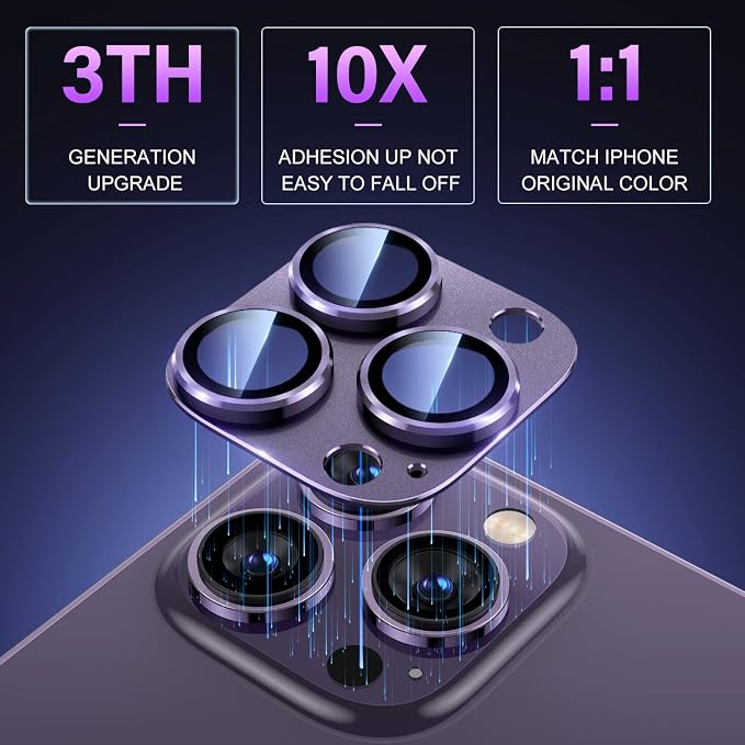 Uyiton for iPhone 14 Pro/iPhone 14 Pro Max Camera Lens Protector, [Drop Protection] 9H Tempered Glass Camera Cover screen Metal Ring Case Friendly Scratch Resistant Easy to Install - Matte Purple