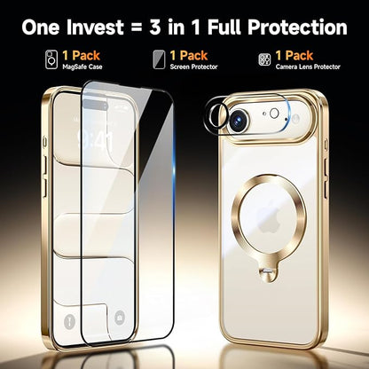 [Tri-Shield Protection] for iPhone Air Case with 360° Spin Stand Compatible with MagSafe [Magnetic CD Ring] [Screen & Camera Lens Protector] Shockproof Plating Never-Yellowing, Gold-6.5"