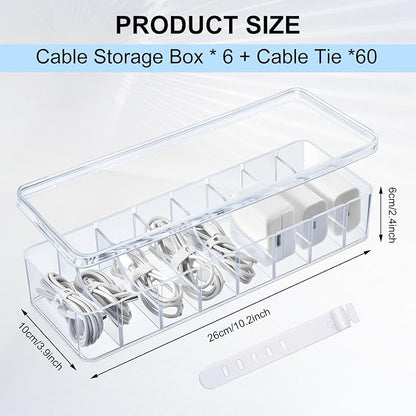 Tatuo 6 Pcs Cord Organizer for Drawer Desktop, Cable Organizer Box with 8 Compartments and Wire Ties, Plastic Charger Storage with Lid, Electronics Case for Home Office Accessories (Small,Clear)