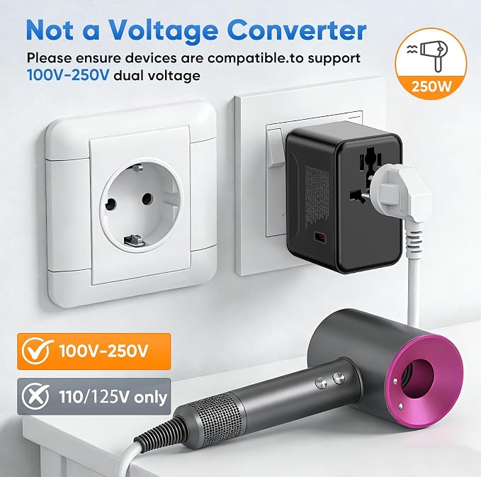 Universal Travel Adapter - 35W International Power Adapter with Fuse Auto-Resetting, USB-C PD Fast Charging Worldwide Plug Adaptor for USA to European UK AUS India, Type C/G/D/I/A, Black