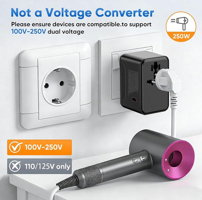 Universal Travel Adapter - 35W International Power Adapter with Fuse Auto-Resetting, USB-C PD Fast Charging Worldwide Plug Adaptor for USA to European UK AUS India, Type C/G/D/I/A, Black