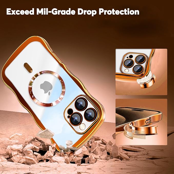 Misscase Designed for iPhone 16 Pro Case 6.3",with Privacy Screen Protector*1,Cute Wave Frame Case with Camera Lens Protector,Compatible with MagSafe Plating Bling for Women Orange