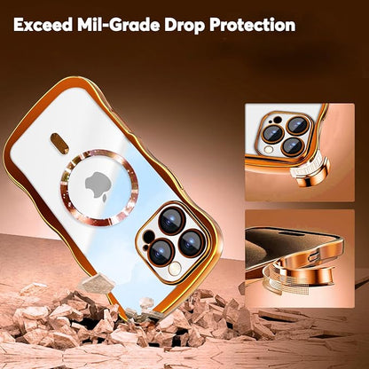 Misscase Designed for iPhone 16 Pro Max Case 6.9",with Privacy Screen Protector*1,Cute Wave Frame Case with Camera Lens Protector,Compatible with MagSafe Plating Bling for Women Orange