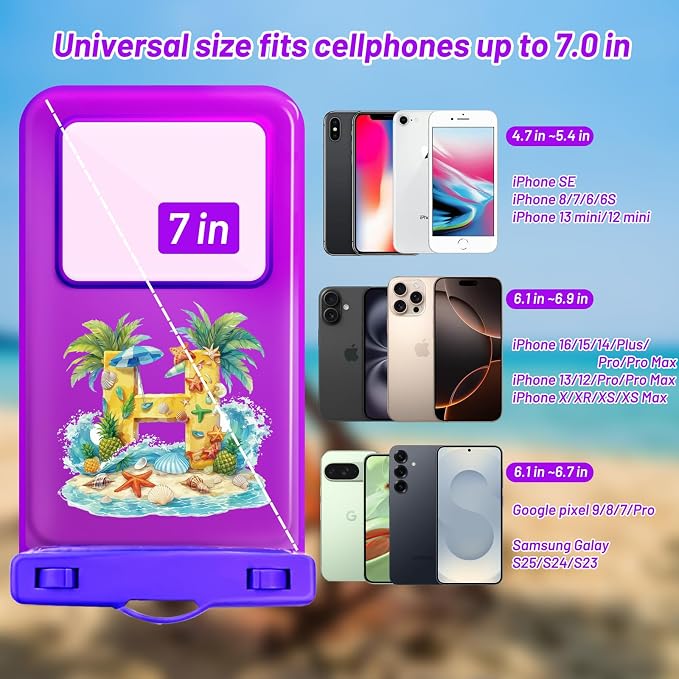 Personalized Initial Waterproof Phone Pouch Case - IPX8 Cellphone Dry Bag with Lanyard for iPhone 16/15/14/13/12 Pro Max (6.1–6.9"), Beach & Cruise Ship Essentials with Monogrammed Design (Purple, H)