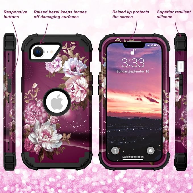 Hocase for iPhone 17e/iPhone 16e Case, Heavy Duty Shockproof Protection Hard Plastic+Silicone Rubber Hybrid Protective Phone Case for iPhone 17e/16e 6.1" - Royal Purple Flowers