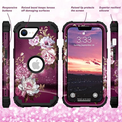 Hocase for iPhone 17e/iPhone 16e Case, Heavy Duty Shockproof Protection Hard Plastic+Silicone Rubber Hybrid Protective Phone Case for iPhone 17e/16e 6.1" - Royal Purple Flowers