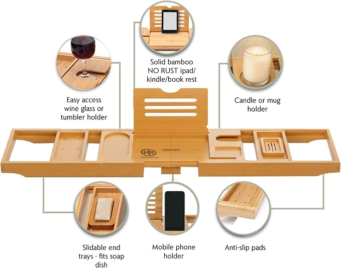 Bamboo Bathtub Caddy Tray Expandable & Foldable Bath Shelf with Book, Tablet & Wine Holder Adjustable Wooden Bath Tray for Relaxing Spa at Home – Fits Most Tub Sizes.
