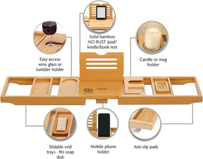 Bamboo Bathtub Caddy Tray Expandable & Foldable Bath Shelf with Book, Tablet & Wine Holder Adjustable Wooden Bath Tray for Relaxing Spa at Home – Fits Most Tub Sizes.