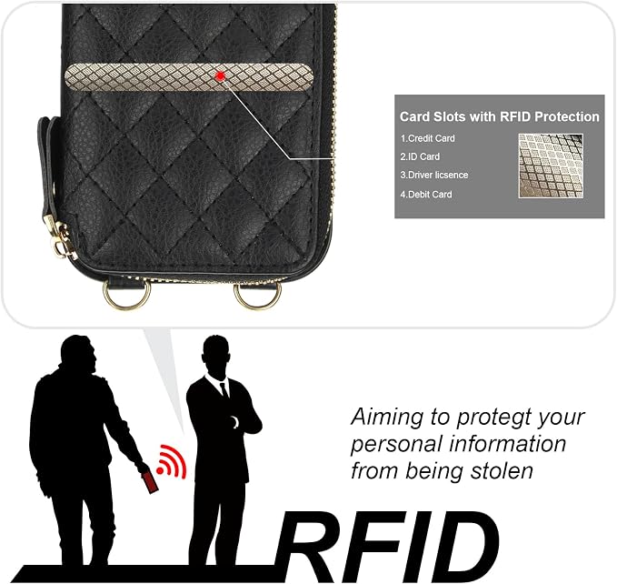Bocasal Crossbody Wallet Case for iPhone 16 Pro, RFID Blocking PU Leather Zipper Handbag Purse Flip Cover, Kickstand Folio Case with Card Slots Holder Wrist Strap Lanyard 5G 6.3 Inch (Black)