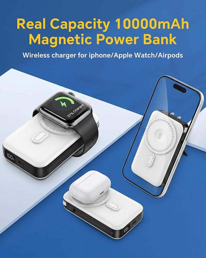 DR.HILL Magnetic Battery Pack Real Capacity 10000mAh, 22.5W Fast Charging Portable Charger with Built-in Cables & AC Wall Plug, Foldable Stand Power Bank for Apple Watch Phone 17/16/15/14/13 (White)