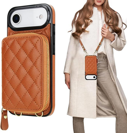 Bocasal Crossbody Wallet Case for iPhone 17 Air, RFID Blocking PU Leather Zipper Handbag Purse Flip Cover, Kickstand Folio Case with Card Slots Holder Wrist Strap Lanyard 5G 6.5 Inch (Brown)