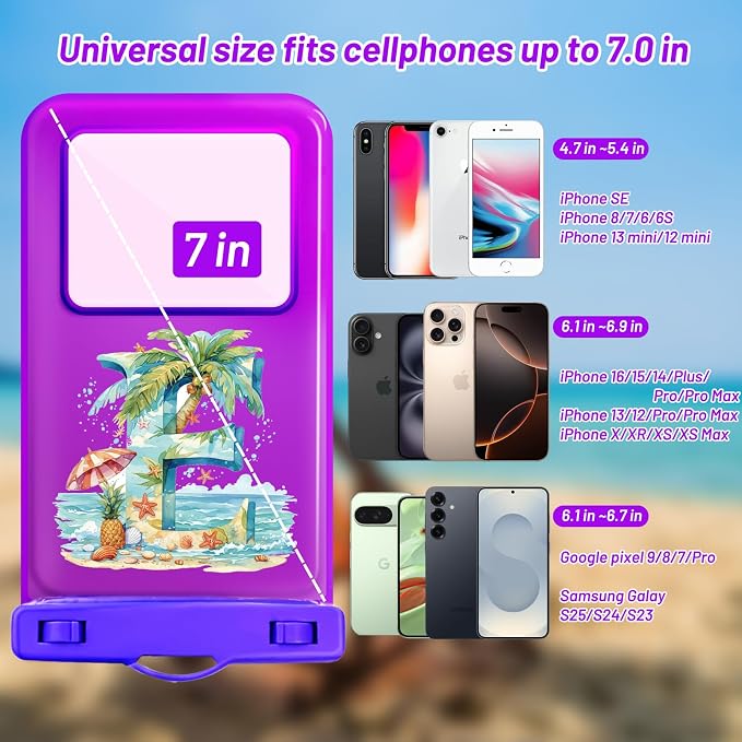 Personalized Initial Waterproof Phone Pouch Case - IPX8 Cellphone Dry Bag with Lanyard for iPhone 16/15/14/13/12 Pro Max (6.1–6.9"), Beach & Cruise Ship Essentials with Monogrammed Design (Purple, E)