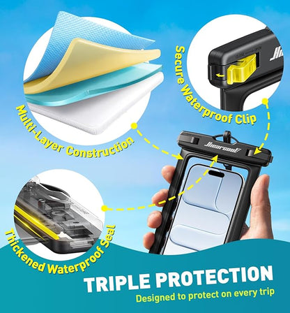 Hiearcool Waterproof Phone Pouch,Waterproof Cell Phone Dry Bag for iPhone,Universal Waterproof Case Beach Essentials for Vacation Kayak Cruise Accessories Must Haves-Black&Yellow-2Pack