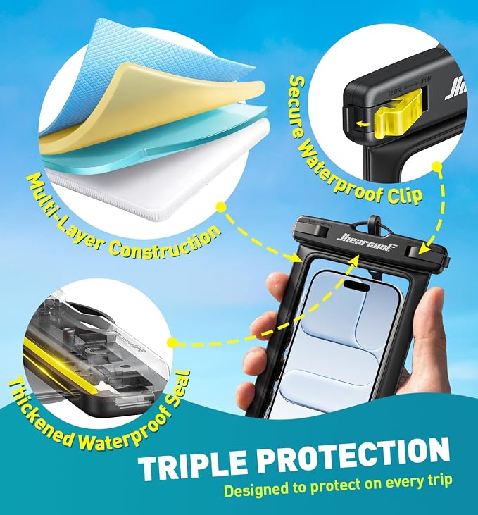 Hiearcool Waterproof Phone Pouch, IPX8 Waterproof Phone Case for iPhone 17/16/15/14 Pro Max, Cell Phone Dry Bag for Beach & Cruise Essentials, Touch Screen, Lanyard Included, 2 Pack (Fits Up to 8.9”)