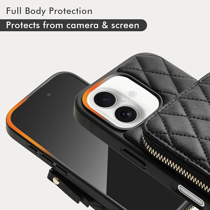 LAMEEKU for iPhone 17 Wallet Case with Strap, Card Holder Quilted Crossbody Leather Zipper Cover for Women 6.3'' Black