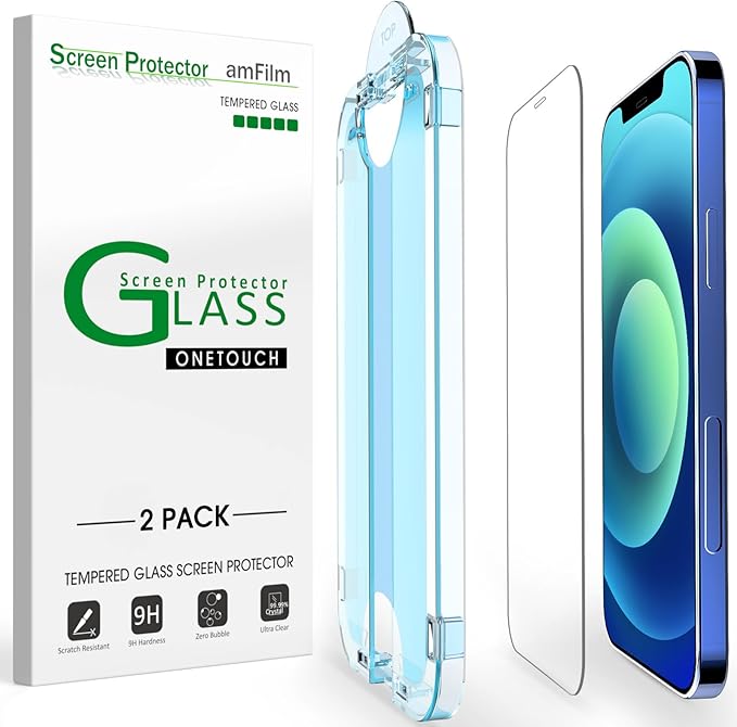 amFilm OneTouch Glass Screen Protector for iPhone 12 6.1"/ iPhone 12 Pro 6.1" with Easy Installation Kit, Tempered Glass, 2 Pack
