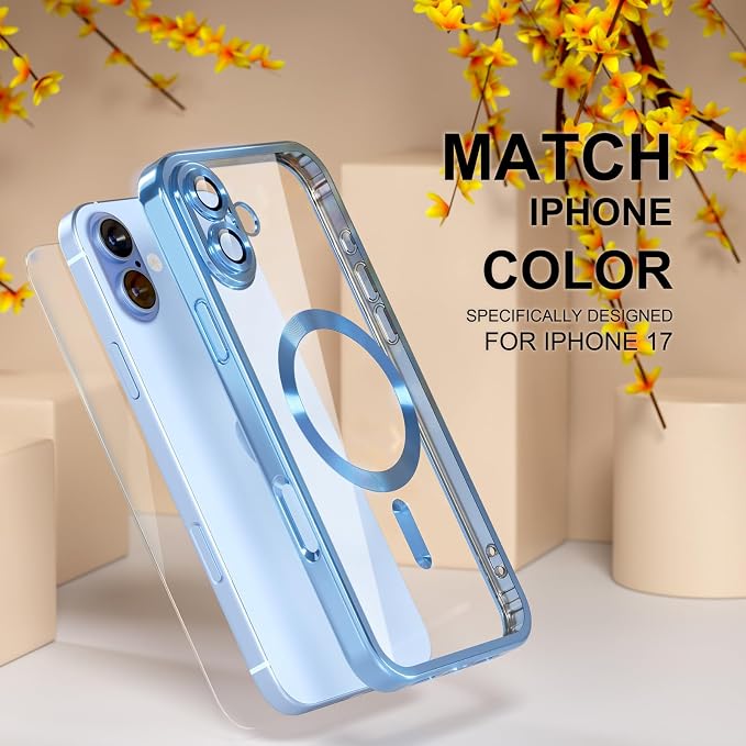 Misea Magnetic for iPhone 17 Case Compatible with MagSafe [Never Yellowing] [Military Grade Drop Protection] Full Camera Lens Protector Plating Soft Clear Phone Case for Women, Mist Blue